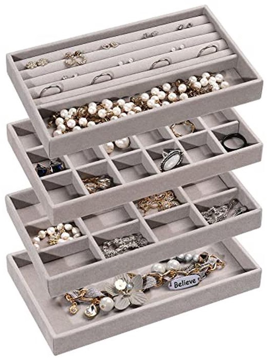 Sieraden Organizer Dienblad Set van 4 - Stapelbare Fluwelen Lade-inzetstukken voor Oorbellen, Ringen en Kettingen