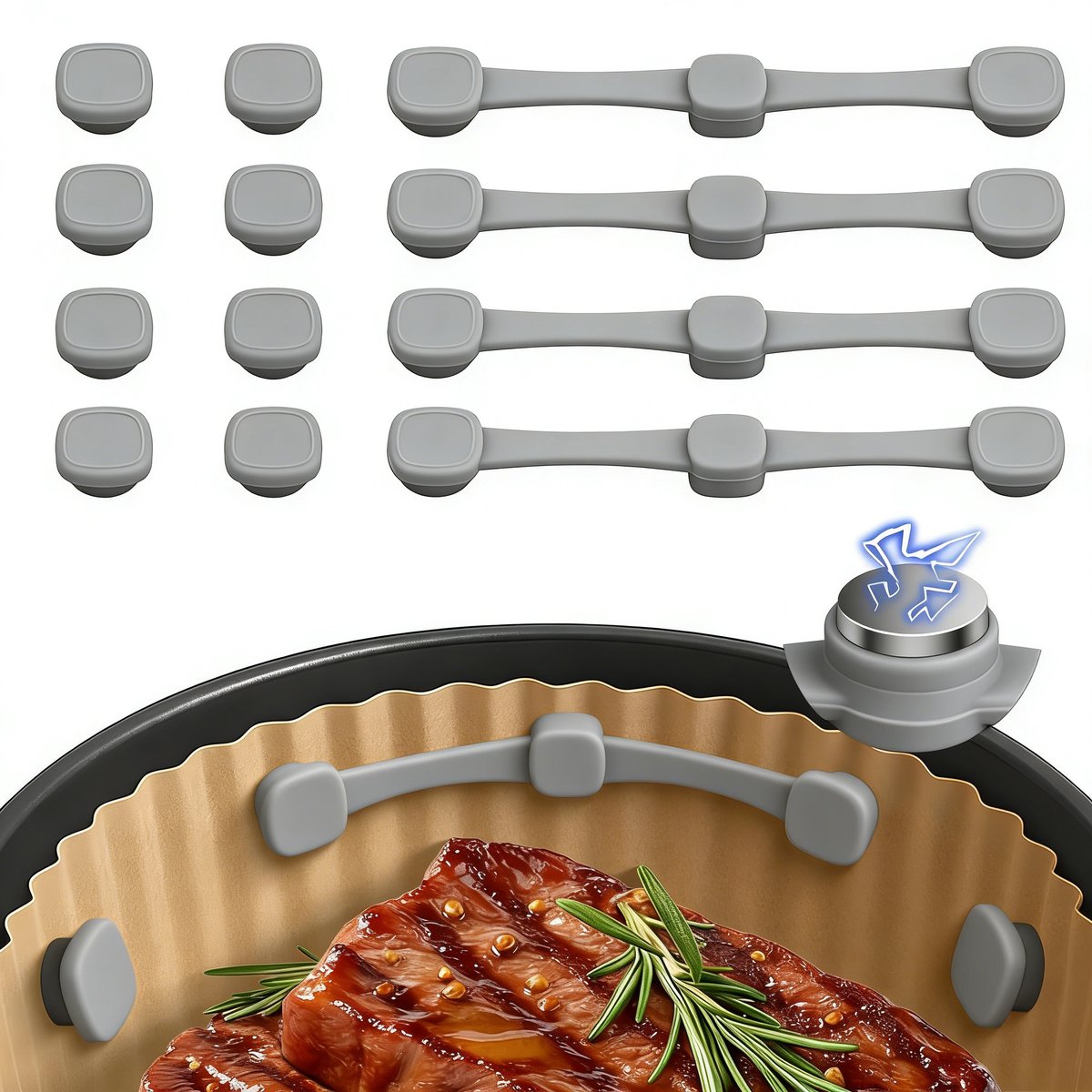 Siliconen magneetstrip voor airfryer - 12 stuks airfryer accessoires - bevestigingsgespen voor airfryers - hittebestendige - grijs