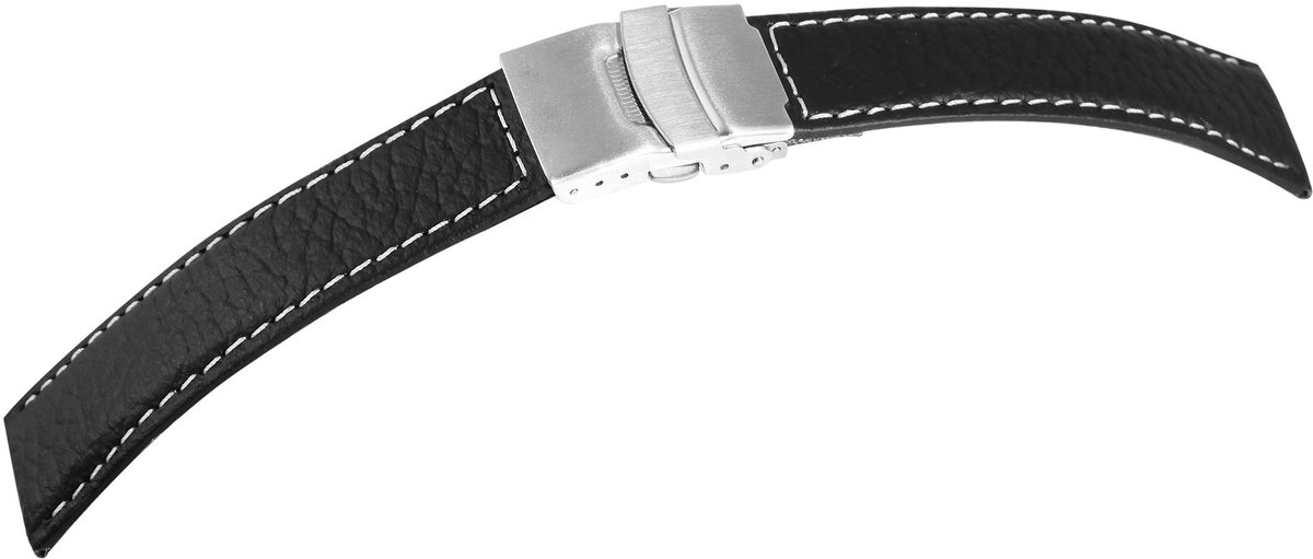 Steinmeister Steinmeister heren vervangende armband LB0064 Horlogeband van echt leer, zwart, witte stiksels, vouwsluiting, 18