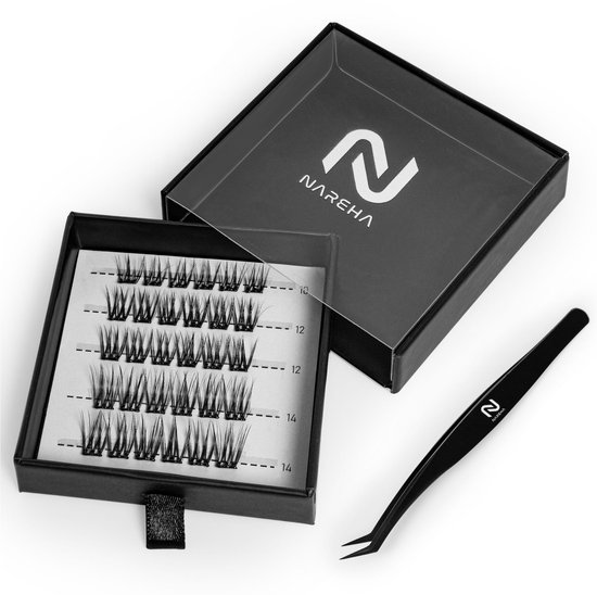 Faux cils Nareha à pression - 30 faux Wimpers auto-adhésifs (10/12/14 mm) - Sans Colle - Pince à épiler incluse - Extensions de cils réutilisables - Faux cils