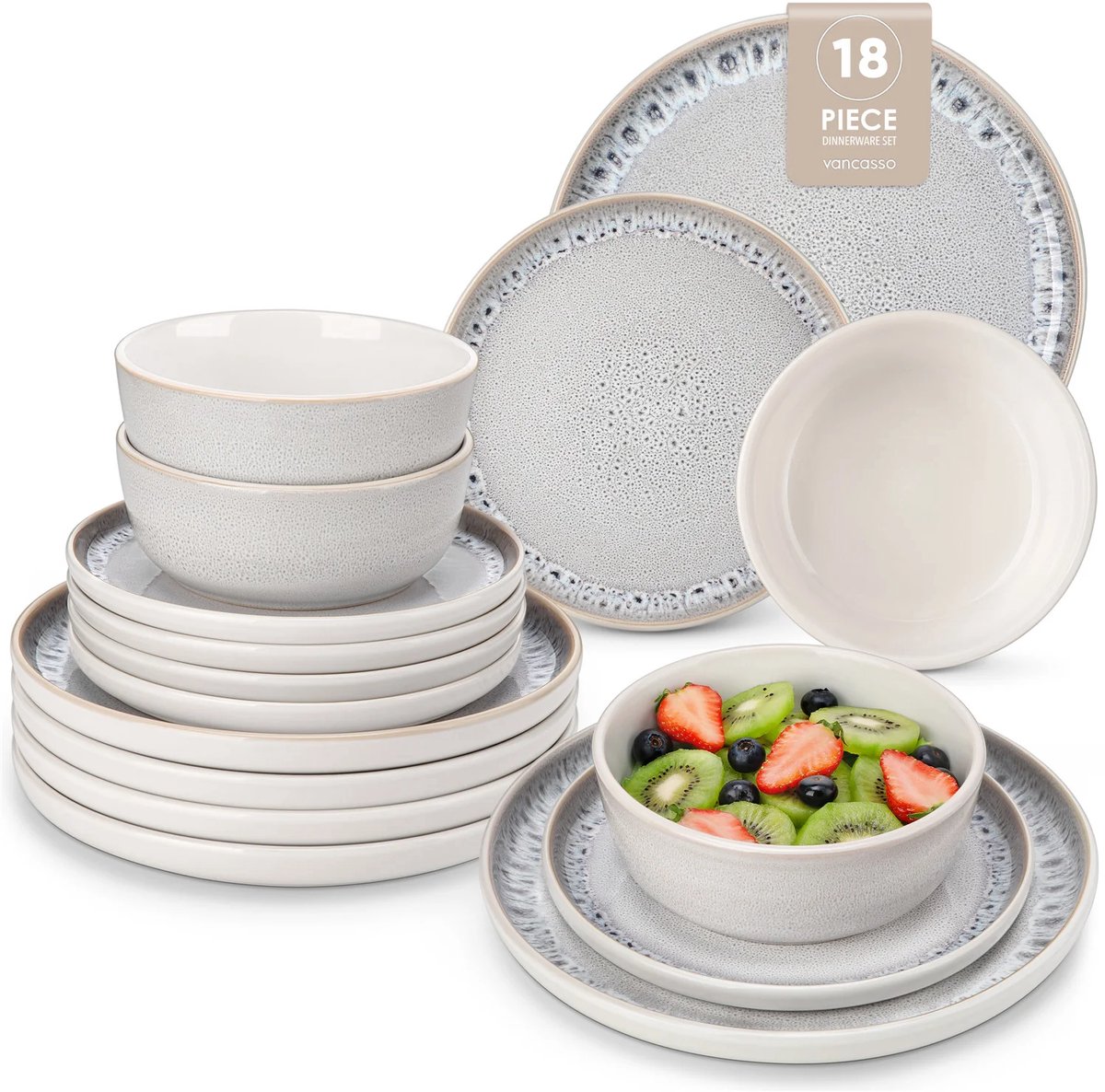 Luxe Serviesset – 18 delig – 6 persoons – Steengoed - Bordenset – Dinner platen – Dessertborden - Kommen - Wit