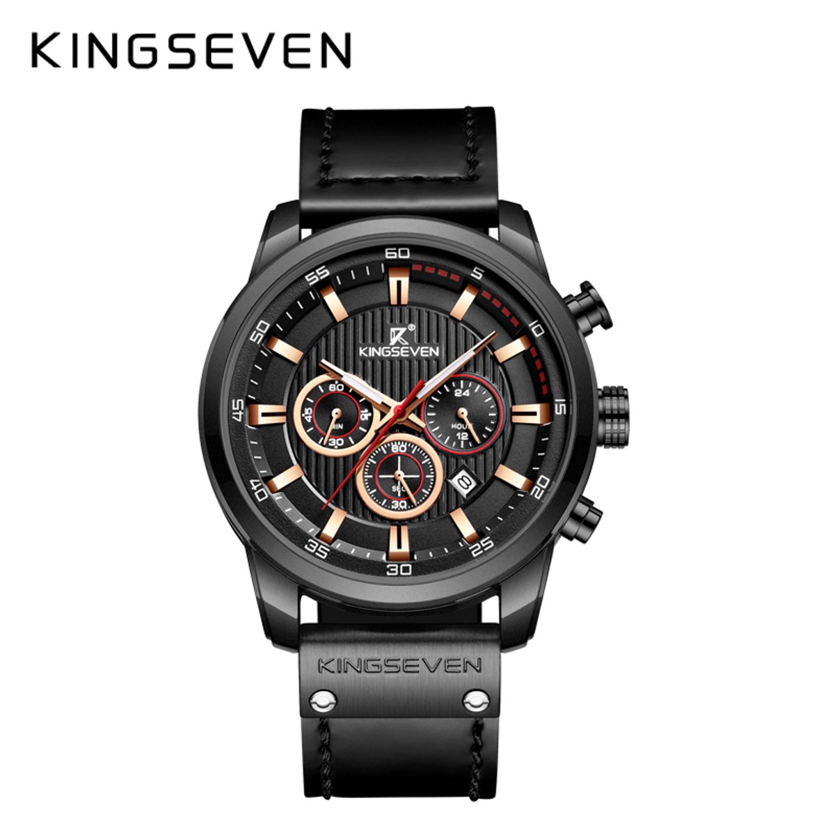 KINGSEVEN Herenhorloge 9507 - Zwart - Quartz - Leren Band - Roestvrij Staal - Datum Aanduiding - Sportief Modern Design - 45mm
