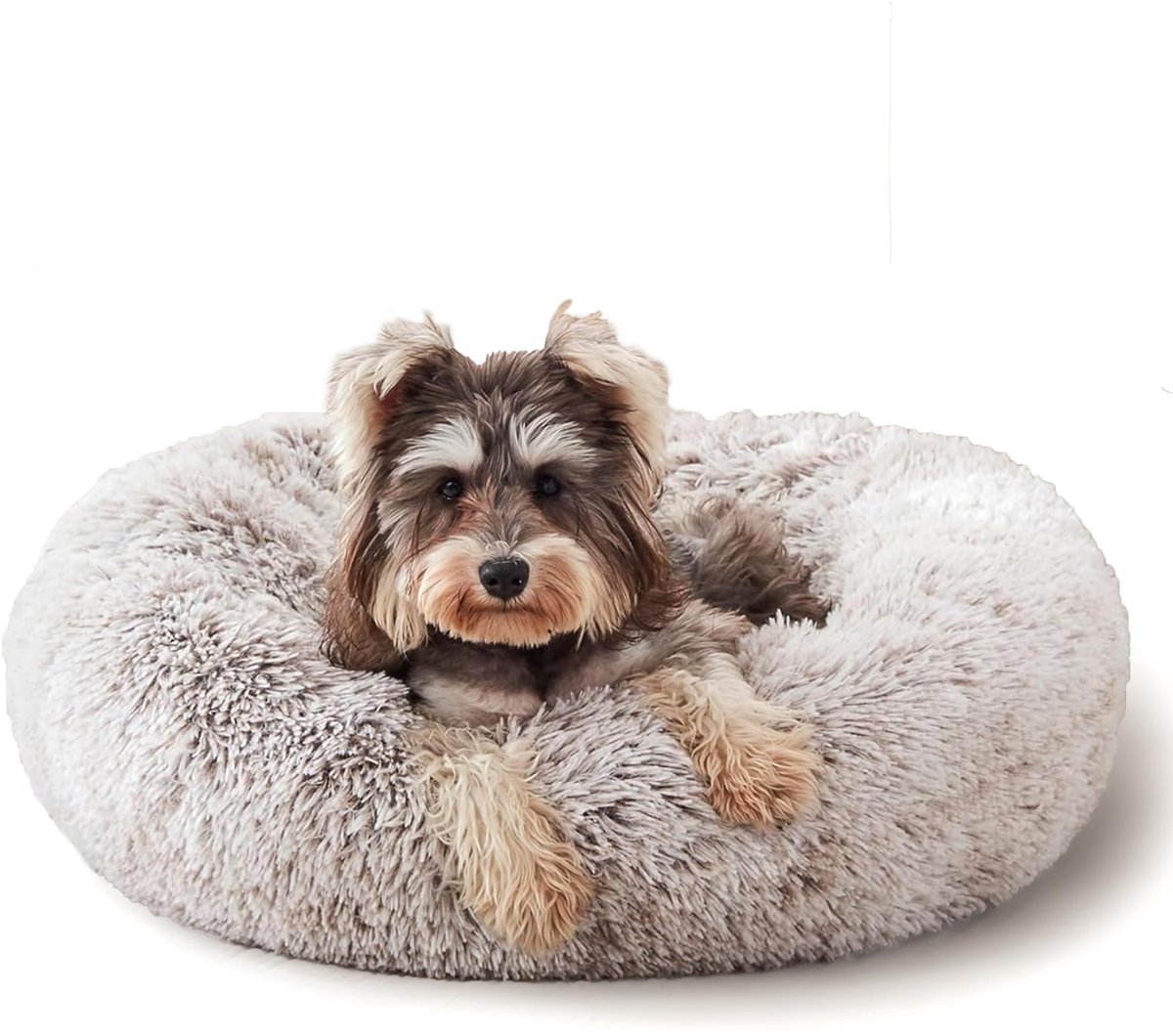 Kattenmand - Zacht lang pluche - Huisdierenmand - Warme huisdierenmand - Geschikt voor katten en kleine honden - Diameter 50 cm - Wit en bruin kleurverloop