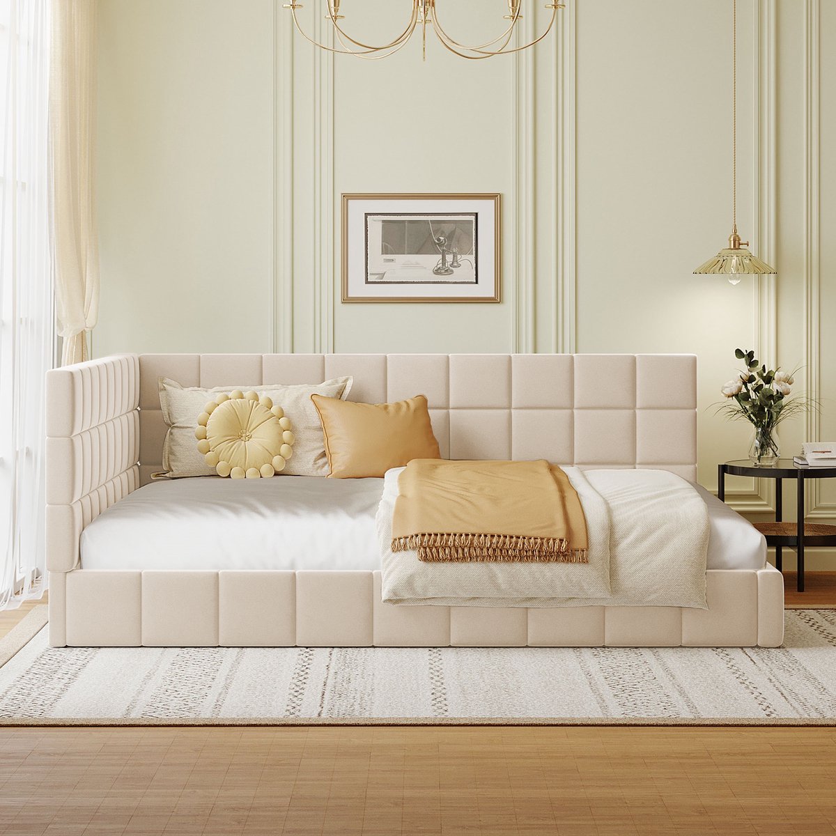 MODFU Gestoffeerd dagbed 140x200 Beige – Mid-century fluweel, omkeerbare rug, lattenbodem, 250kg