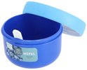 Boîte à fruits Mepal bleue de 300 ml, étanche, avec fourchette et couvercle bleu.