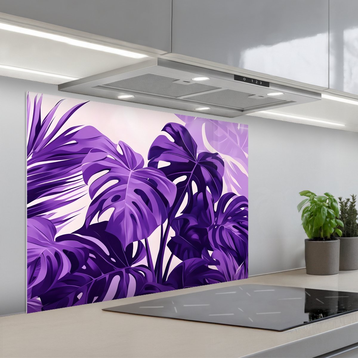 Spatscherm 80x60 cm - Zelfklevende achterwand Bladeren - Paars - Tropisch - Abstract - Keuken muurbeschermer - Spatwand fornuis