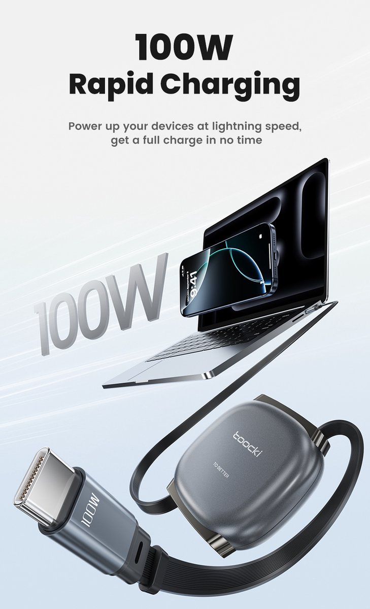 Toockie - 1 Meter - Oprolbare USB-C naar USB-C - kabel met snelladen - Retractable USB-C snellaadkabel voor smartphone, tablet en laptop. Ideale reis- en werk kabel voor dagelijks gebruik en maximale duurzaamheid.
