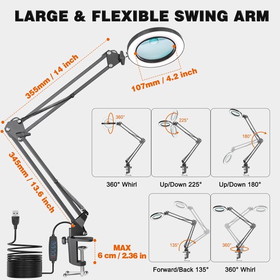 Zwarte, verstelbare loeplamp met flexibele arm, LED-ringlicht en USB-kabel, met afmetingen en bewegingsbereiken aangegeven.