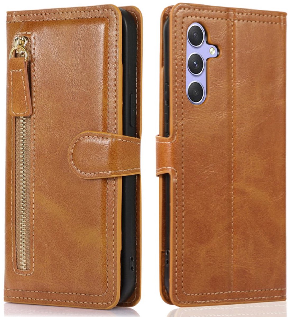 Bookcase Geschikt voor: Samsung Galaxy A36 / Galaxy A56 5G met ritssluiting - Hoesje Flipcover - Magnetisch - 5 kaarten houder - Lichtbruin