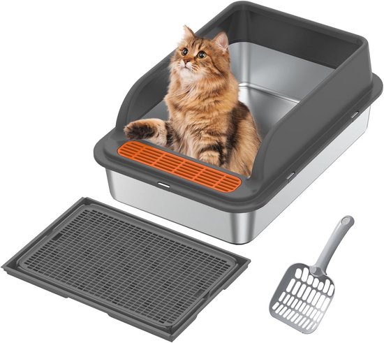 Bartuke XXXL kattenbak van roestvrij staal, extra breed, halfgesloten, afneembaar, met deksel aan de bovenkant, lekvrij, niet klevend, gemakkelijk te reinigen