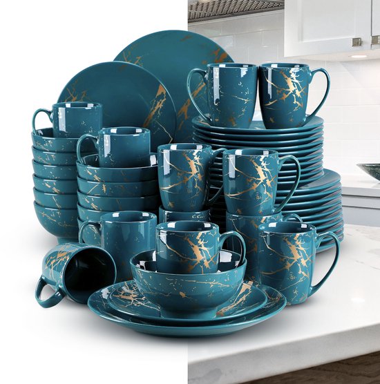 Luxe Serviesset- 48 delig – 12 persoons – Porselein - Bordenset – Dinner platen – Dessertborden - Kommen - Mokken - Donkergroen