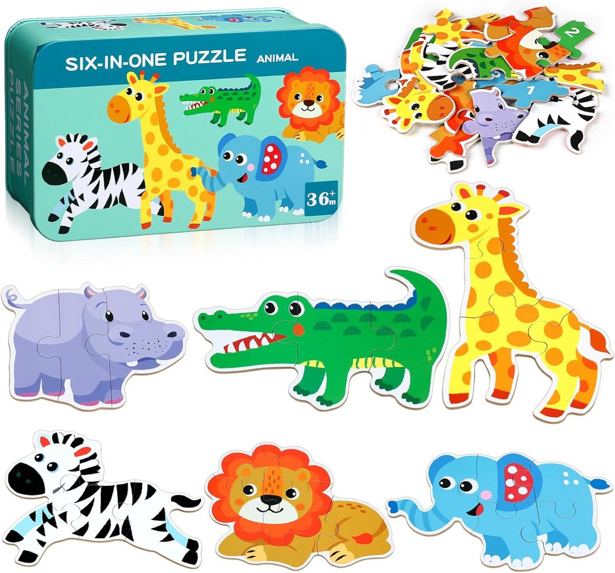 Puzzel voor Kinderen 3+ Jaar met 6 Dierenafbeeldingen - Stevig Karton voor Jongens en Meisjes
