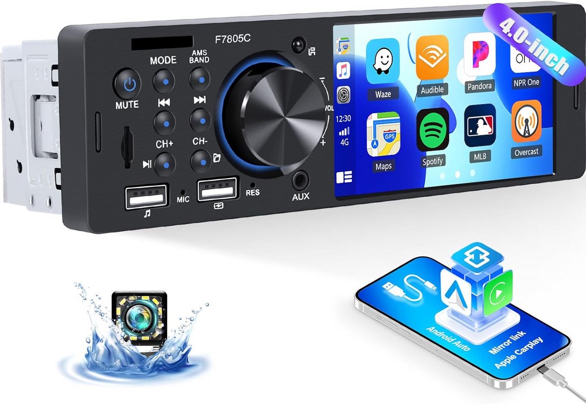 Auto Radio 1 Din met CarPlay Android Auto 4-inch Touchscreen Bluetooth FM/RDS