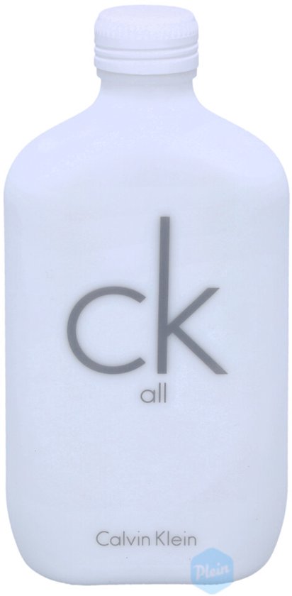 Mat witte Calvin Klein CK All Eau de Toilette fles van 200 ml met grijze letters en logo.