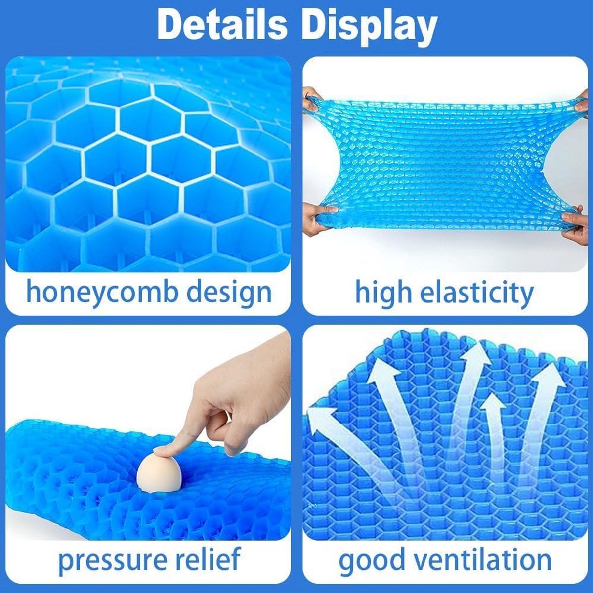 Groot TPE Gel Zitkussen 45x48x4,5 cm - Honingraatstructuur voor Ventilatie - Voor Kantoor, Rolstoel, Auto, Vliegtuig, Gaming