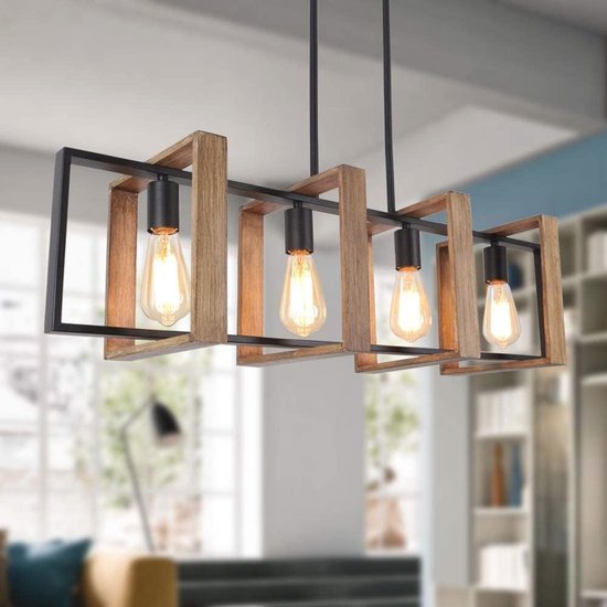 Moderne keukeneilandverlichting, 4 lampen L80 cm, in hoogte verstelbaar voor eetkamer, rustieke houten kroonluchter voor keuken, biljarttafellampen, zwarte behuizing E27 (lampen niet inbegrepen
