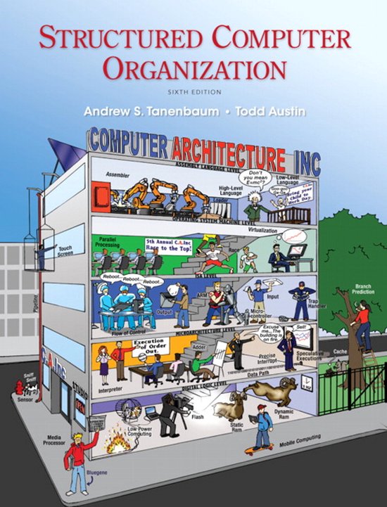 Boekomslag 'Structured Computer Organization' met een cartoonillustratie van een computerarchitectuur-gebouw.