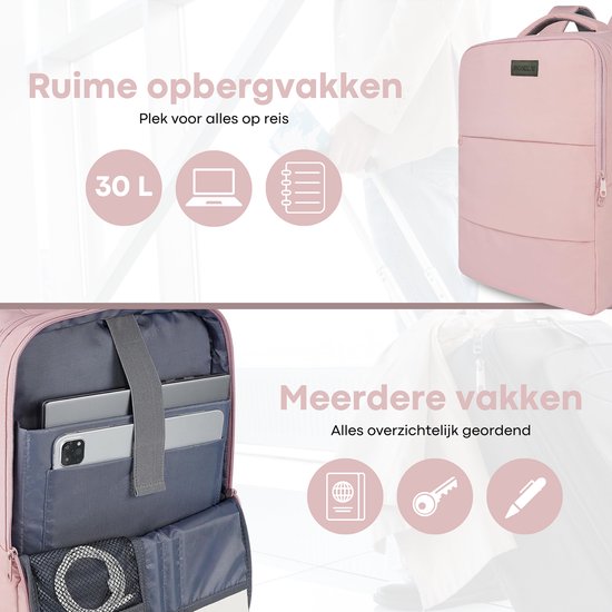 Roze rugzak met vakken voor laptop, telefoon en documenten.