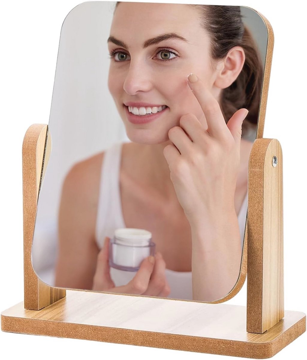 Houten Cosmeticaspiegel 360 Graden 21 x 18 cm - Perfect voor Make-up en Scheren