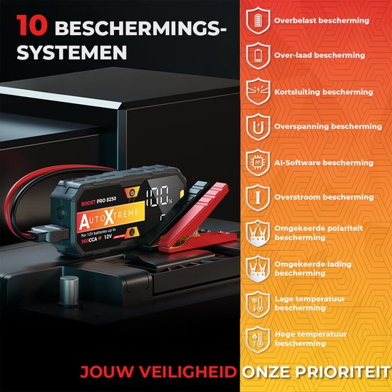 Démarreur AutoXtreme avec câbles de démarrage et liste de 10 systèmes de protection, dont 'Protection contre les surcharges'.