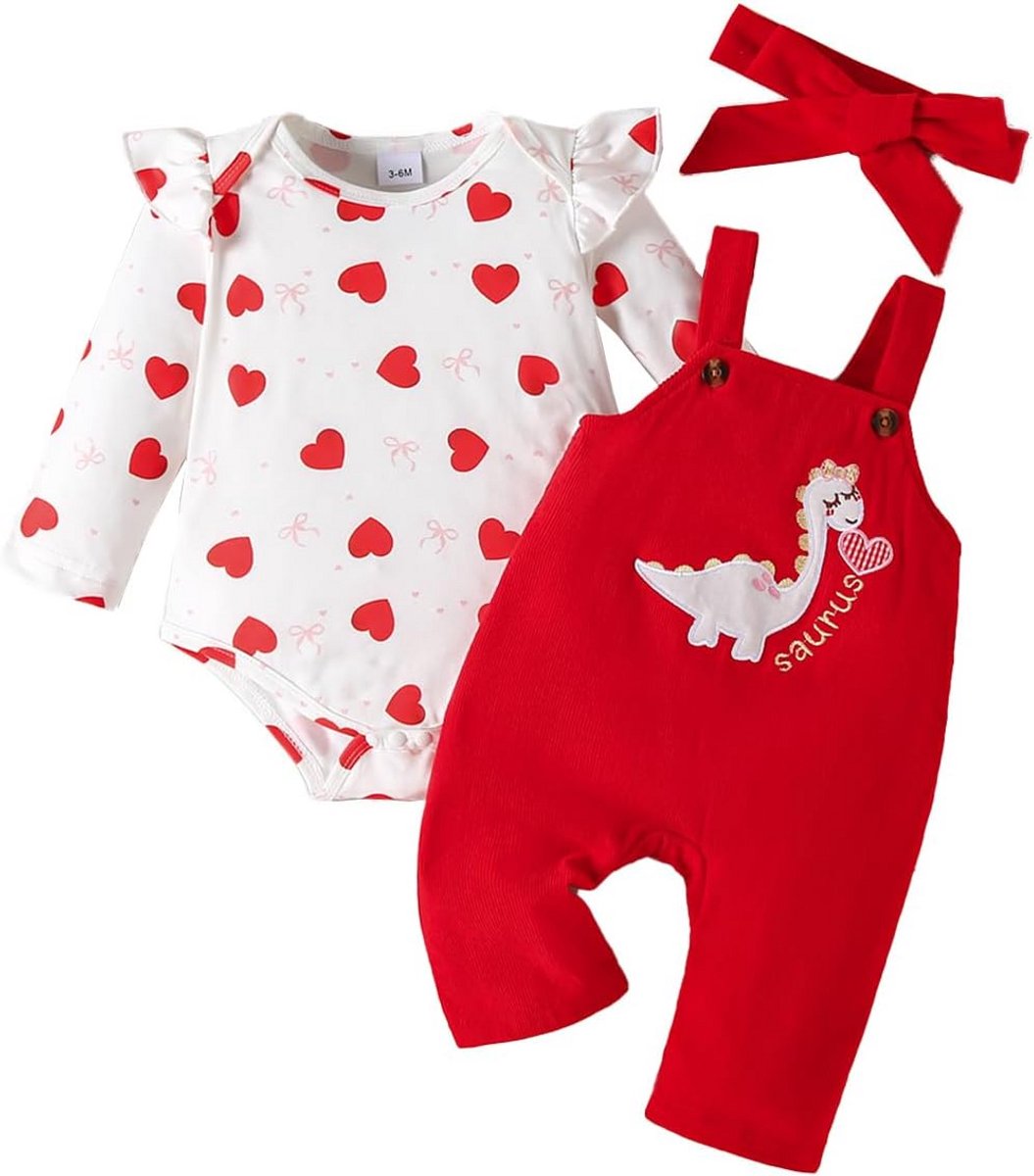 Schattige 3-delige Babykledingset Meisjes: Romper, Tuinbroek met Stippen/Hart Print en Hoofdband (0-18 Mnd)