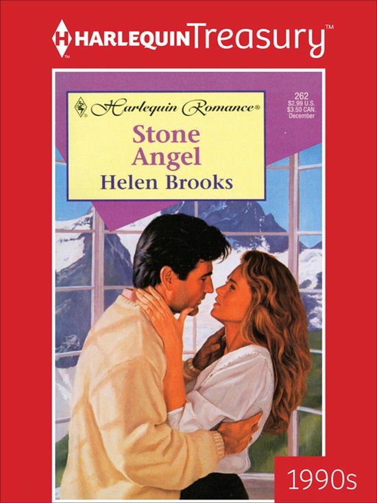 Boekomslag van "Stone Angel" door Helen Brooks. Een stel omhelst elkaar voor een raam met uitzicht op besneeuwde bergen.