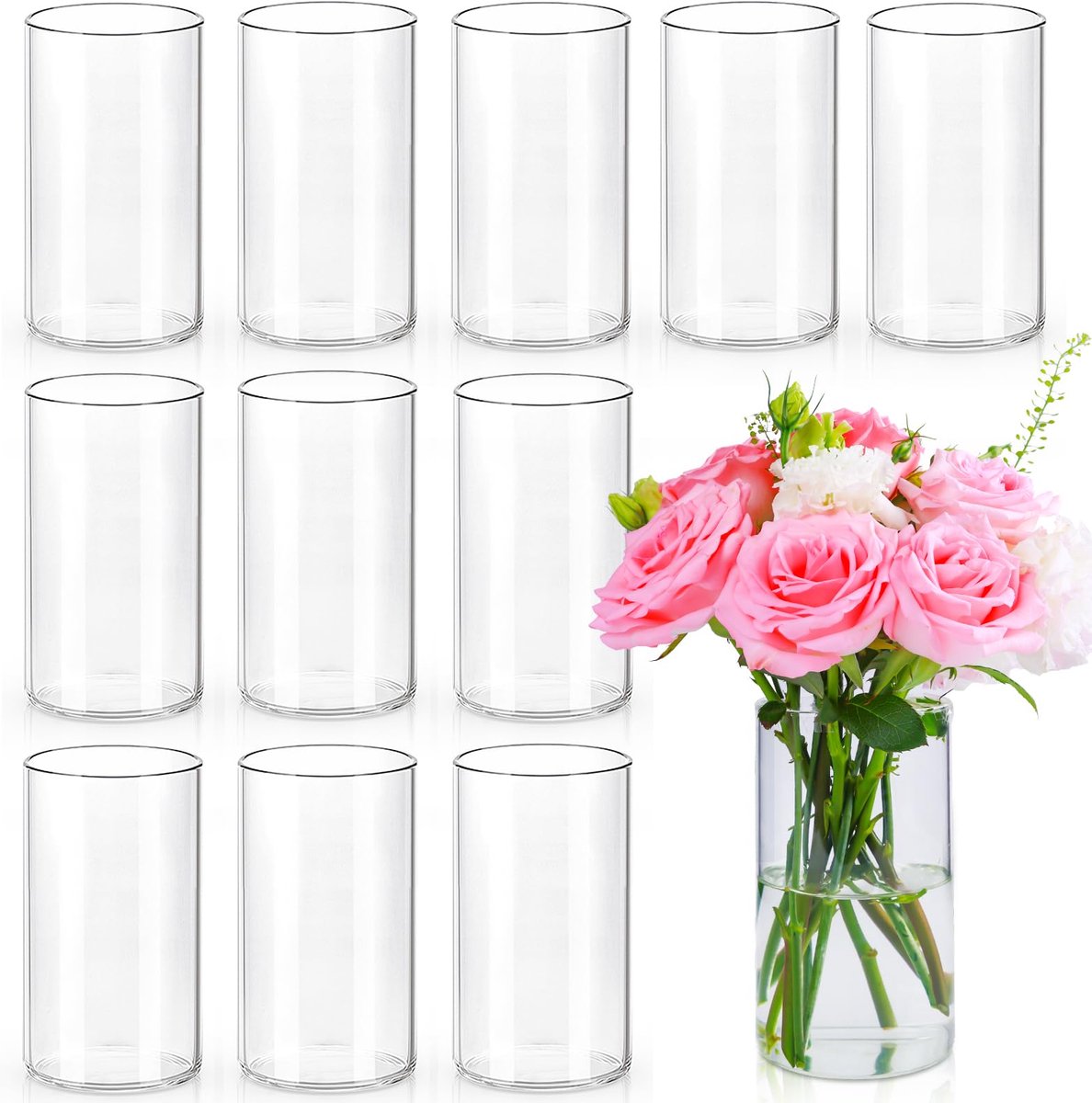 Imperatoris Cilindervormige Glazen Vazen / Glazen Flessen – Mini Decoratieve Vaas Flesjes – Helder Glas – Inclusief Strik – 12 Stuks – 8.2 x 8.2 x 15.2 cm – Transparant