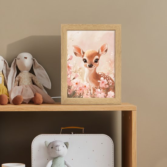 Nachtlampje 15x20 cm - Kinder lampje - Hertje - Illustratie - Bloemen - Roze - Tafellamp kinderkamer - Slaapkamer lamp - Bedlamp kinderen - Kinderlampje stopcontact - Wandlamp babykamer - Nachtlampjes van Merkloos — afbeelding 3