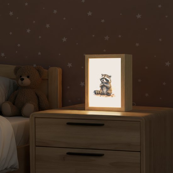 Nachtlampje 15x20 cm - Kinder lampje - Wasbeer - Waterverf - Kleuren - Dieren - Kids - Tafellamp kinderkamer - Slaapkamer lamp - Bedlamp kinderen - Kinderlampje stopcontact - Wandlamp babykamer - Nachtlampjes van Merkloos — afbeelding 2