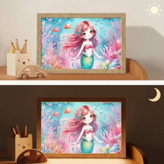 Nachtlampje 30x20 cm - Kinder lampje - Zeemeermin - Kleurrijk - Onderwater - Zeedieren - Vissen - Tafellamp kinderkamer - Slaapkamer lamp - Bedlamp kinderen - Kinderlampje stopcontact - Wandlamp babykamer - Nachtlampjes van Merkloos — afbeelding 4