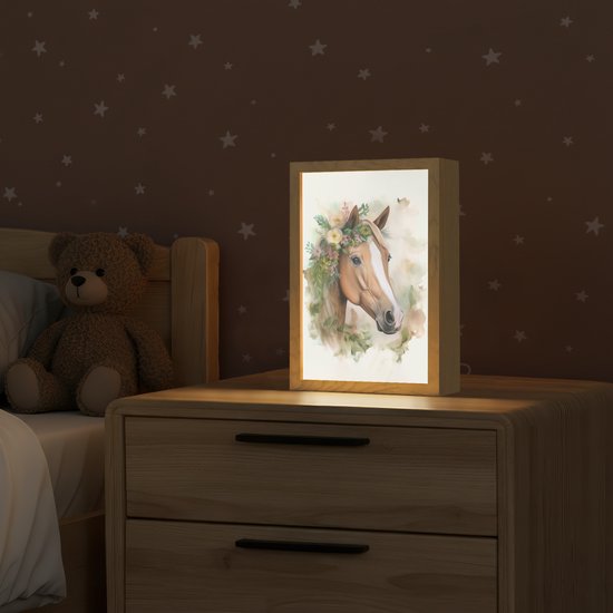 Nachtlampje 20x30 cm - Kinder lamp - Paard - Bloemen - Natuur - Waterverf - Dieren - Tafellamp kinderkamer - Slaapkamer lamp - Bedlamp kinderen - Kinderlampje stopcontact - Wandlamp babykamer - Nachtlampjes van Merkloos — afbeelding 2