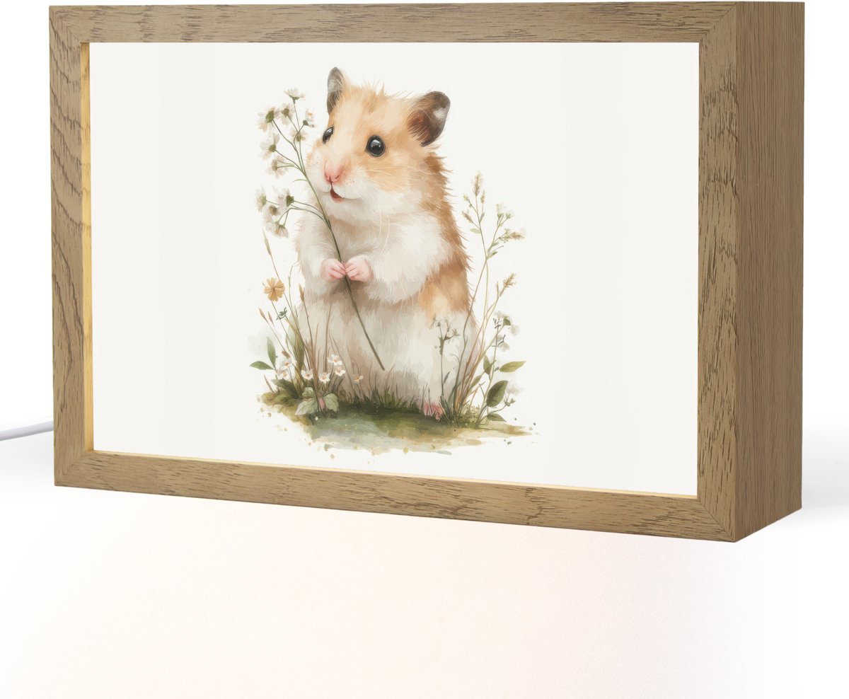 Nachtlampje 30x20 cm - Kinder lampje - Hamster - Bloemen - Tafellamp kinderkamer - Slaapka