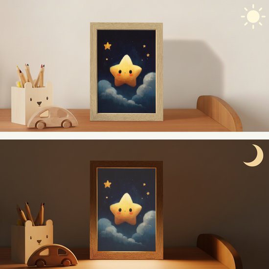 Nachtlampje 15x20 cm - Kinder lampje - Ster - Gezichtje - Nacht - Wolken - Tafellamp kinderkamer - Slaapkamer lamp - Bedlamp kinderen - Kinderlampje stopcontact - Wandlamp babykamer - Nachtlampjes van OnlyWow — afbeelding 4