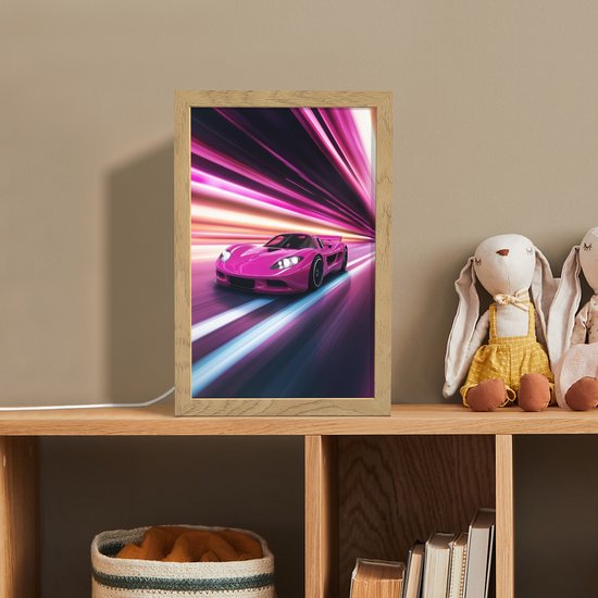 Nachtlampje 20x30 cm - Kinder lamp - Raceauto - Roze - Neon - Tafellamp kinderkamer - Slaapkamer lamp - Bedlamp kinderen - Kinderlampje stopcontact - Wandlamp babykamer - Nachtlampjes van Merkloos — afbeelding 3