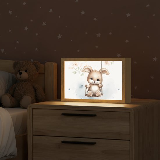 Nachtlampje 30x20 cm - Kinder lampje - Konijn - Baby dier - Kinderen - Tafellamp kinderkamer - Slaapkamer lamp - Bedlamp kinderen - Kinderlampje stopcontact - Wandlamp babykamer - Nachtlampjes van OnlyWow — afbeelding 2