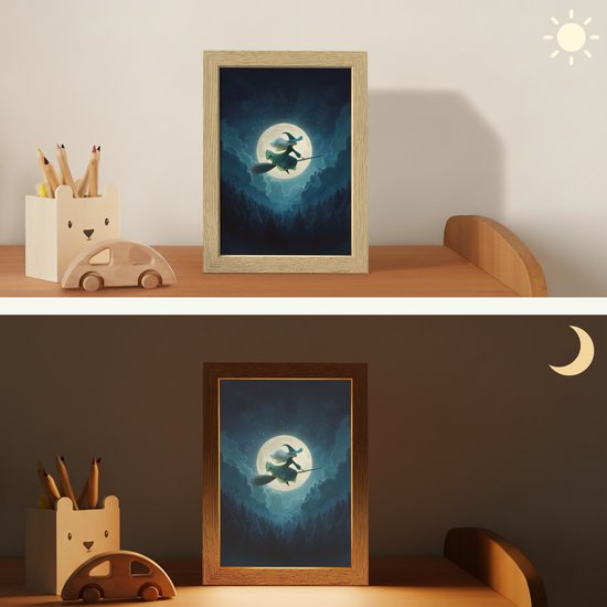 Nachtlampje 15x20 cm - Kinder lampje - Heks - Maand - Bos - Magisch - Tafellamp kinderkamer - Slaapkamer lamp - Bedlamp kinderen - Kinderlampje stopcontact - Wandlamp babykamer - Nachtlampjes van Merkloos — afbeelding 4