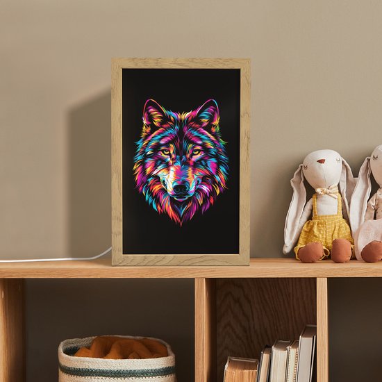 Nachtlampje 20x30 cm - Kinder lampje - Wolf - Kleurrijk - Zwart - Dieren - Neon - Tafellamp kinderkamer - Slaapkamer lamp - Bedlamp kinderen - Kinderlampje stopcontact - Wandlamp babykamer - Nachtlampjes van Merkloos — afbeelding 3