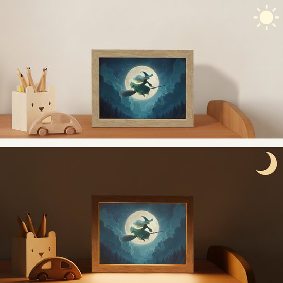Nachtlampje 20x15 cm - Kinder lampje - Heks - Maand - Bos - Magisch - Tafellamp kinderkamer - Slaapkamer lamp - Bedlamp kinderen - Kinderlampje stopcontact - Wandlamp babykamer - Nachtlampjes van Apollon. — afbeelding 4