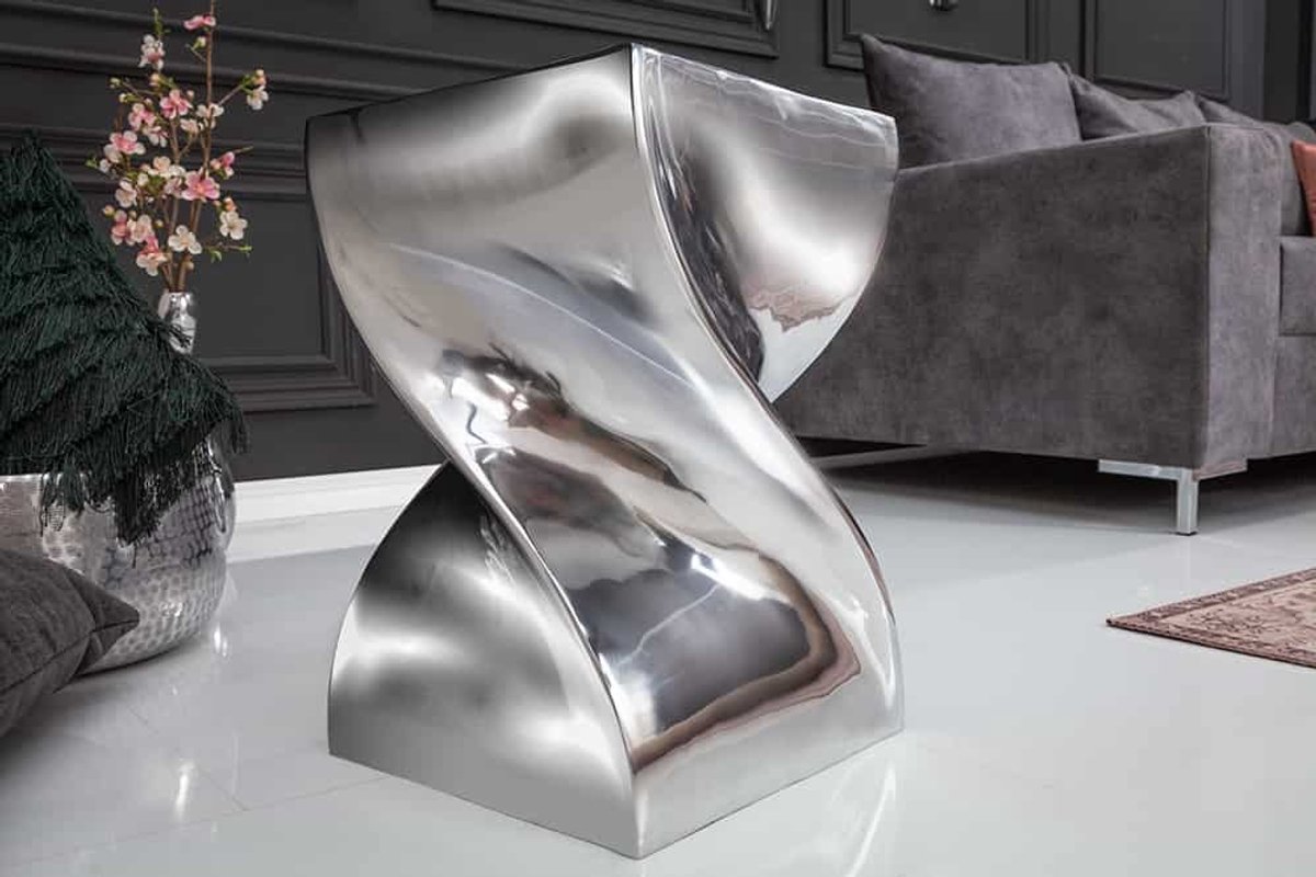 Sculpturale bijzettafel TWIST 30cm zilver gepolijst aluminium kruk modern design - 30220