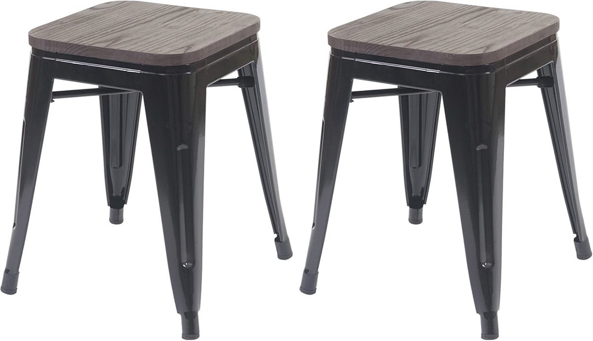 Stapelbare industriële kruk met houten zitting - set van 2