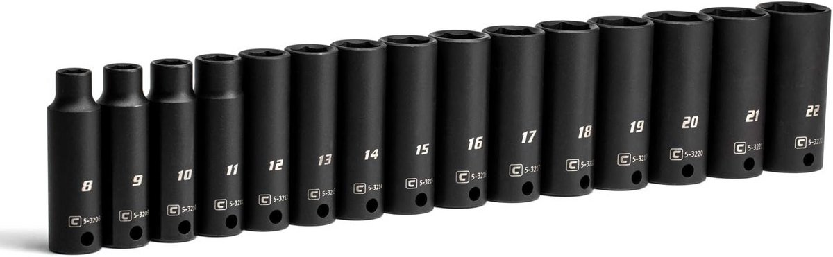 Capri Tools 9,5 mm Diepe dopsleutelset, metrisch (15-delig) - slagdoppen voor elektrisch gereedschap - 6-punts Wave Drive-ontwerp - 8-22 mm