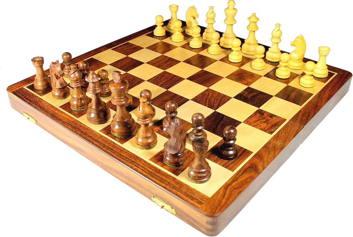 Handgemaakt premium houten schaakset 46 x 46 cm, opvouwbaar met extra dame