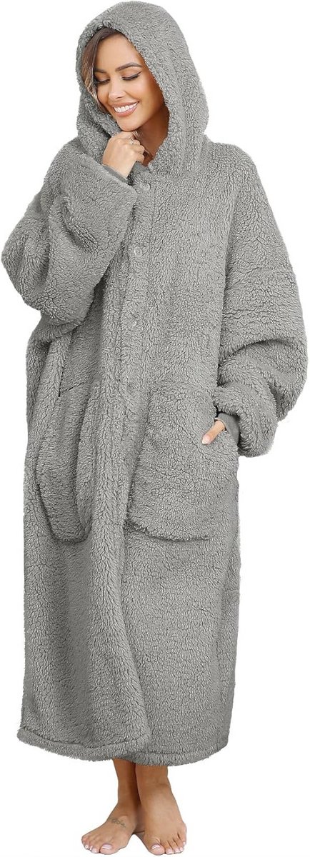 Knusse Pluche Hoodiedeken voor Thuis - Draagbare en Warme Grote Deken Met Capuchon (Grijs, L)