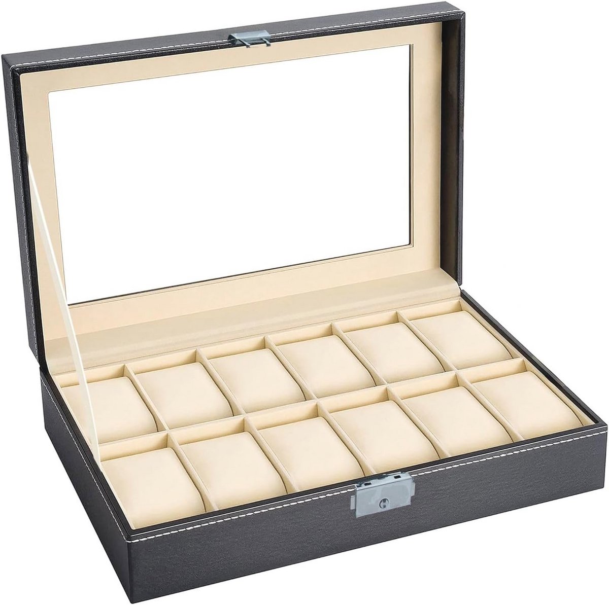 Horlogekast met 12 vakjes en glazen deksel - 30 x 20 x 8 cm - Vitrinekast voor horloges en juwelen