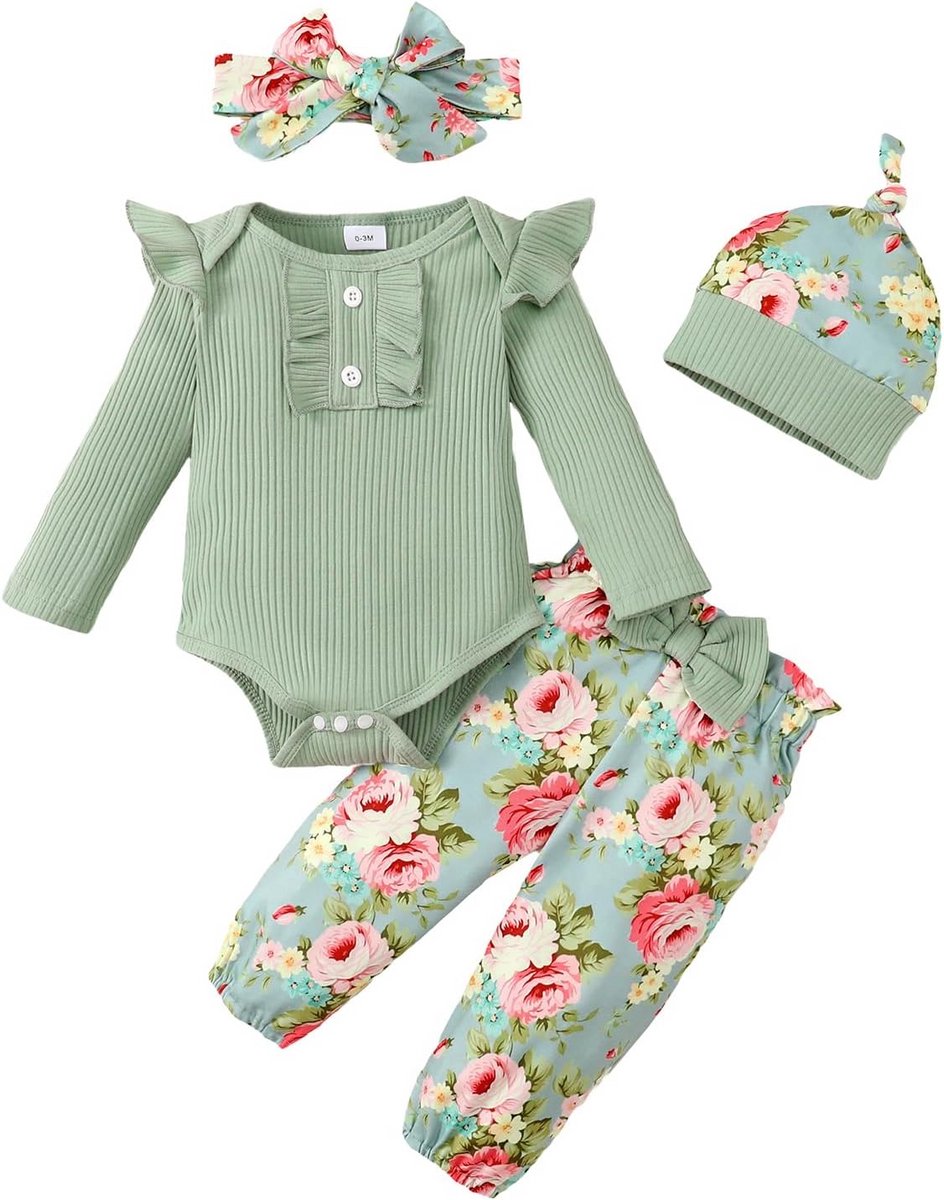 Schattige 4-delige Babykleding Set Meisjes Romper met Ruches en Bloemenbroek Herfstoutfit 0-18 Maanden