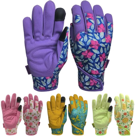 Paarse tuinhandschoenen met bloemenprint, ook andere kleuren met bloemenprints.