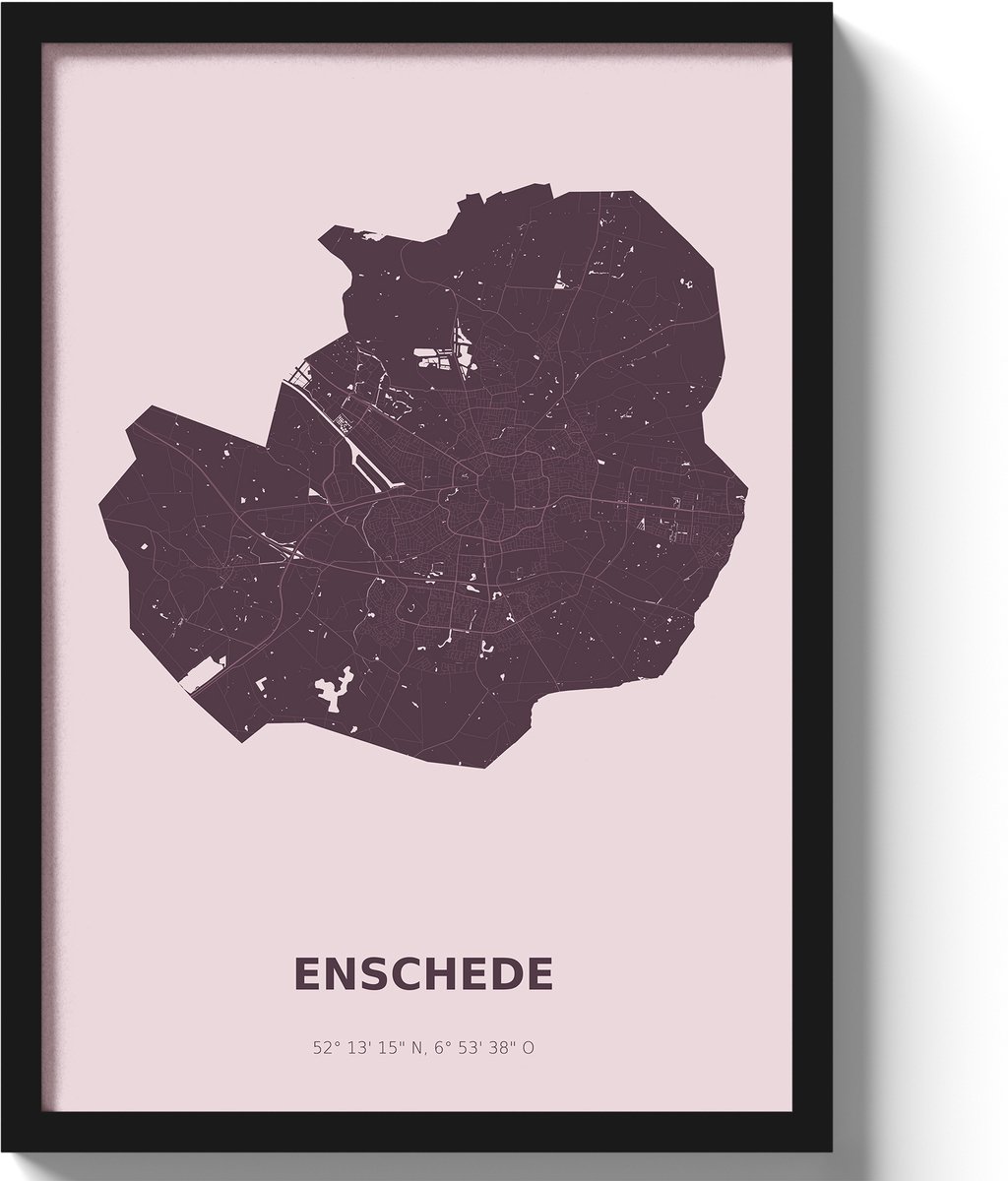 Poster Enschede A2 - 42 x 59,4 cm - Paars Inclusief lijst (Zwart MDF)
