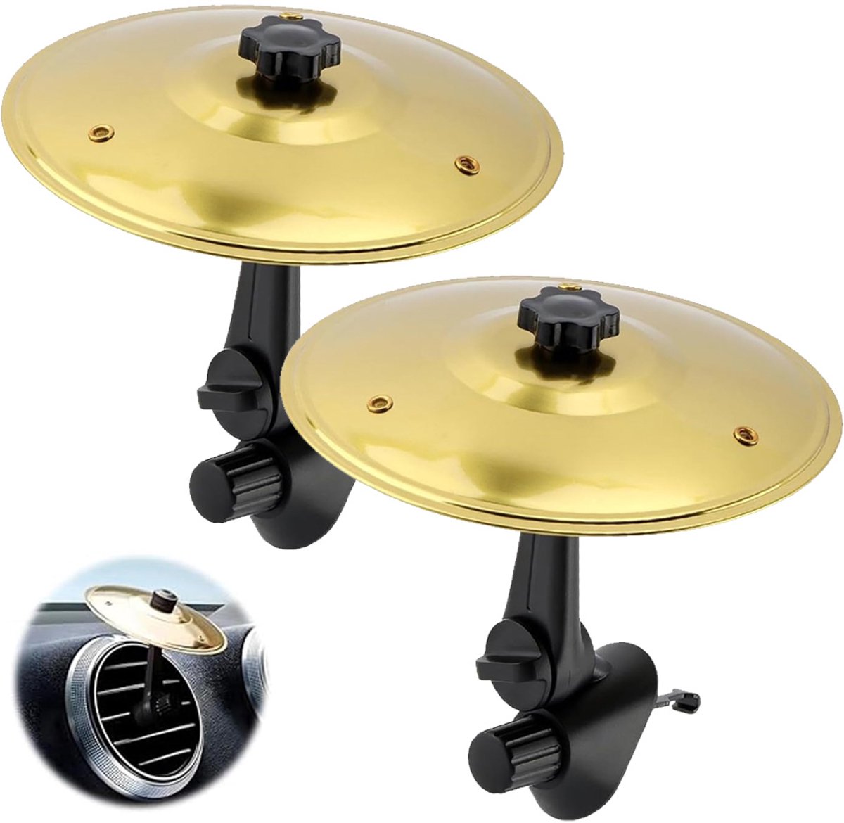 2 stuks autocymbal-drumventilatieopening - mini metalen drumcrashcymbal voor autodashboard, grappig muziekinstrument voor drummers en muziekliefhebbers - cadeau Goud