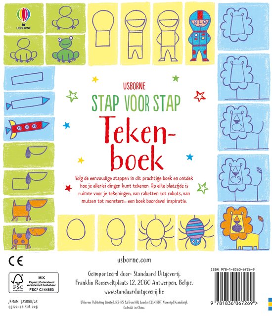Voorkant van "Stap voor Stap Tekenboek" met tekeningen van dieren, robot en monster.