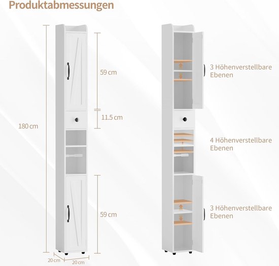 Afmetingen van de witte badkamerkast: 180 cm hoog, 20 cm breed en 20 cm diep. Met verstelbare legborden.